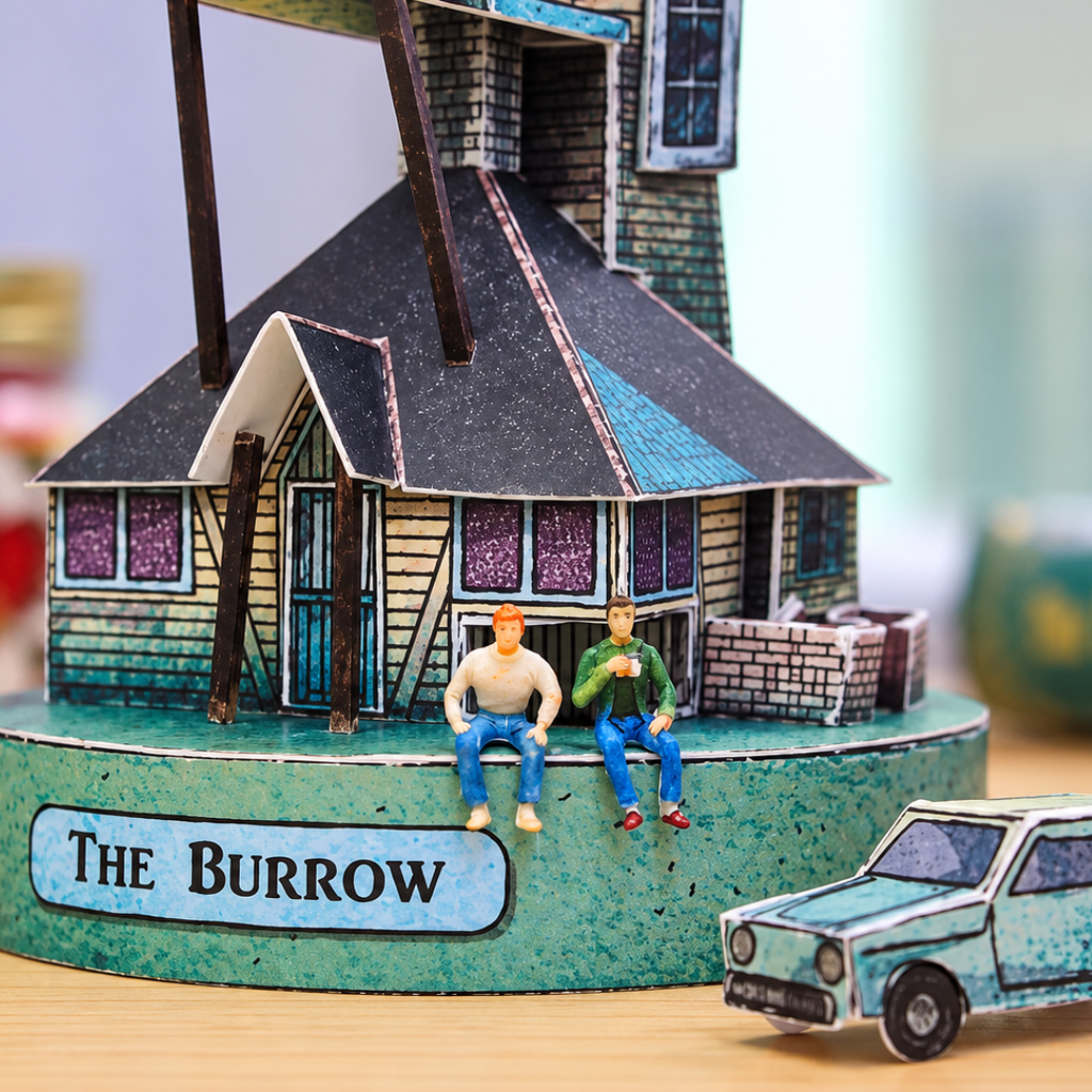 Close-up of the completed Burrow miniature paper model showing the Weasley family home, its crooked rooflines, garden details and a flying Ford Anglia inspired by Harry Potter.