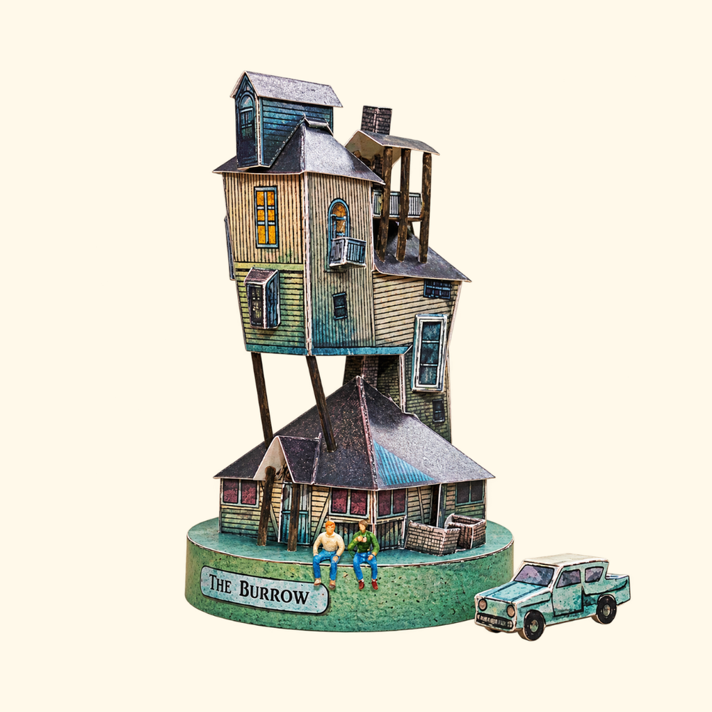 Completed Burrow paper model kit by Kiko Ilustrador, recreating the Weasley family home from Harry Potter with its crooked towers, mismatched windows and whimsical architecture.