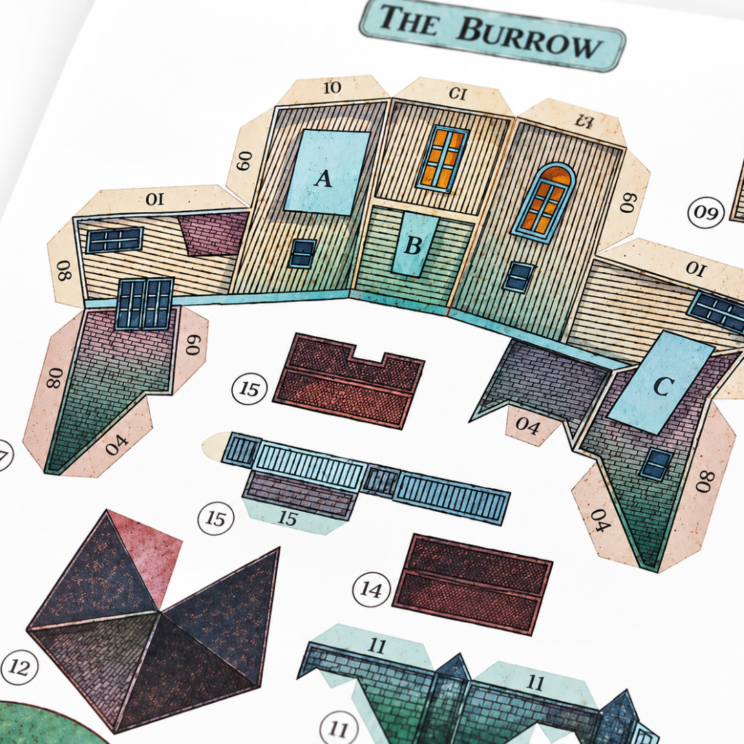 Illustrated cardstock pieces from The Burrow paper model kit by Kiko Ilustrador, featuring detailed walls, windows and roof sections for assembling the Weasley family home.