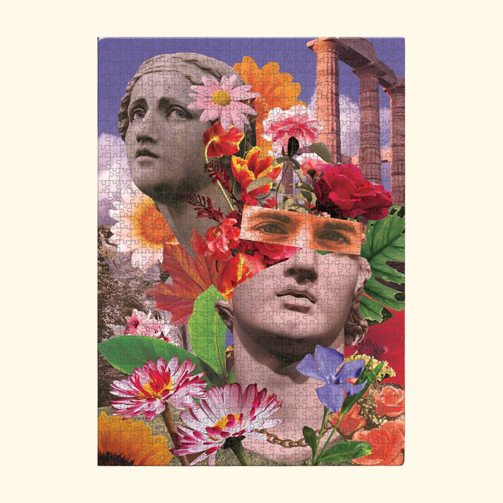 The Lovers 1000 piece puzzle featuring a colourful collage of classical sculptures, flowers and layered contemporary artwork.