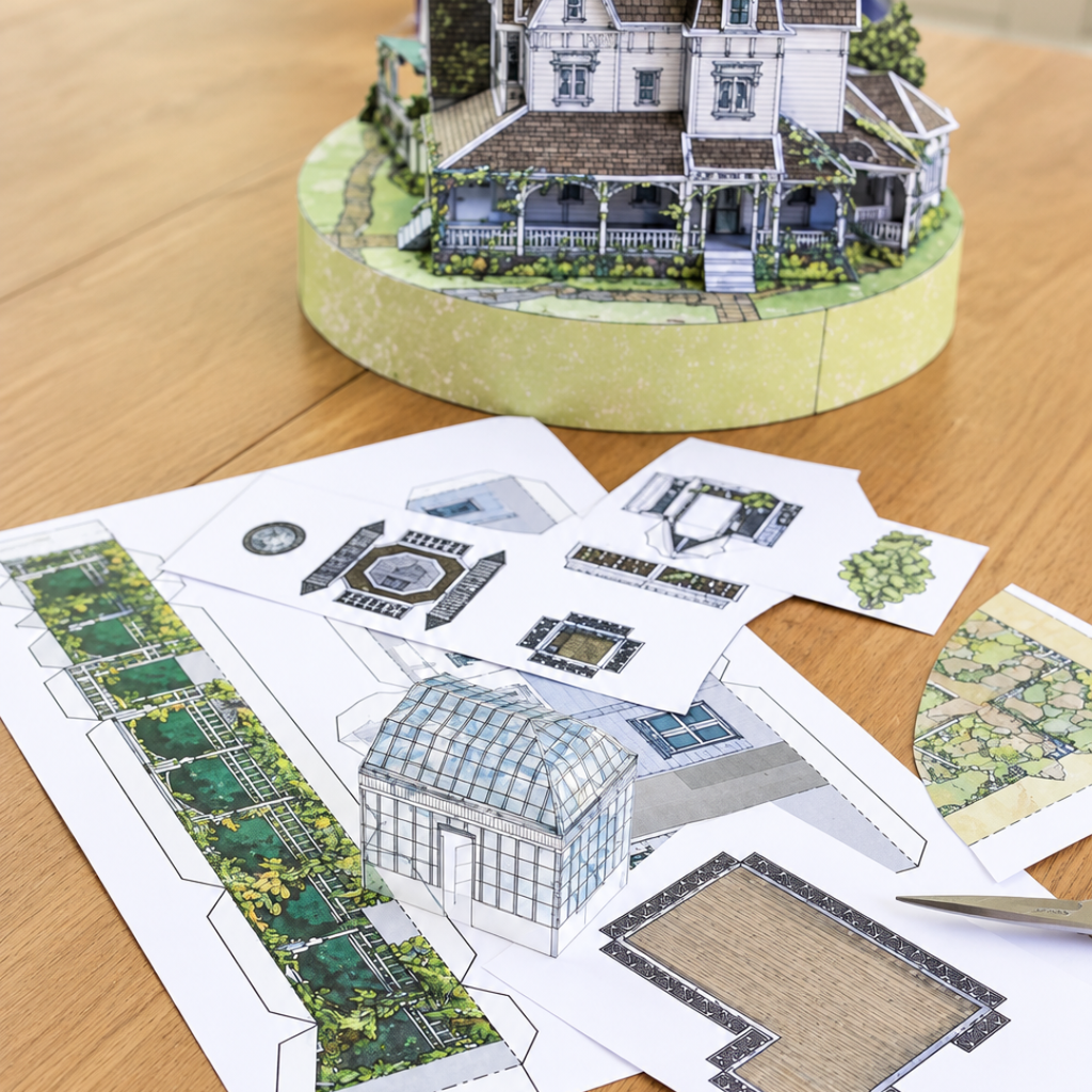 Owens House paper craft kit by Kiko Ilustrador showing illustrated cardstock sheets, assembly instructions and the completed Practical Magic house model.