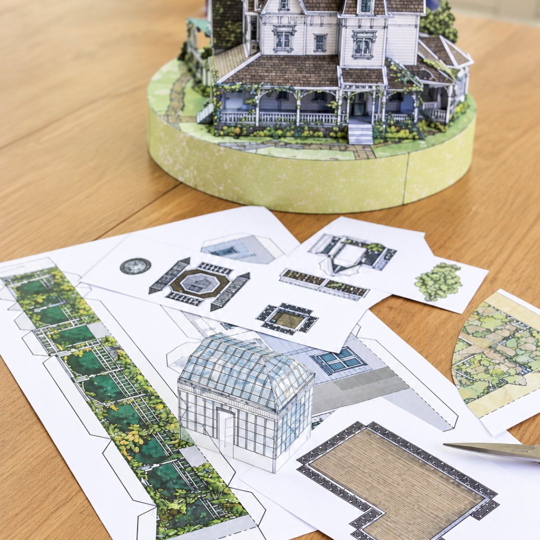 Owens House paper craft kit by Kiko Ilustrador showing illustrated cardstock sheets, assembly instructions and the completed Practical Magic house model.