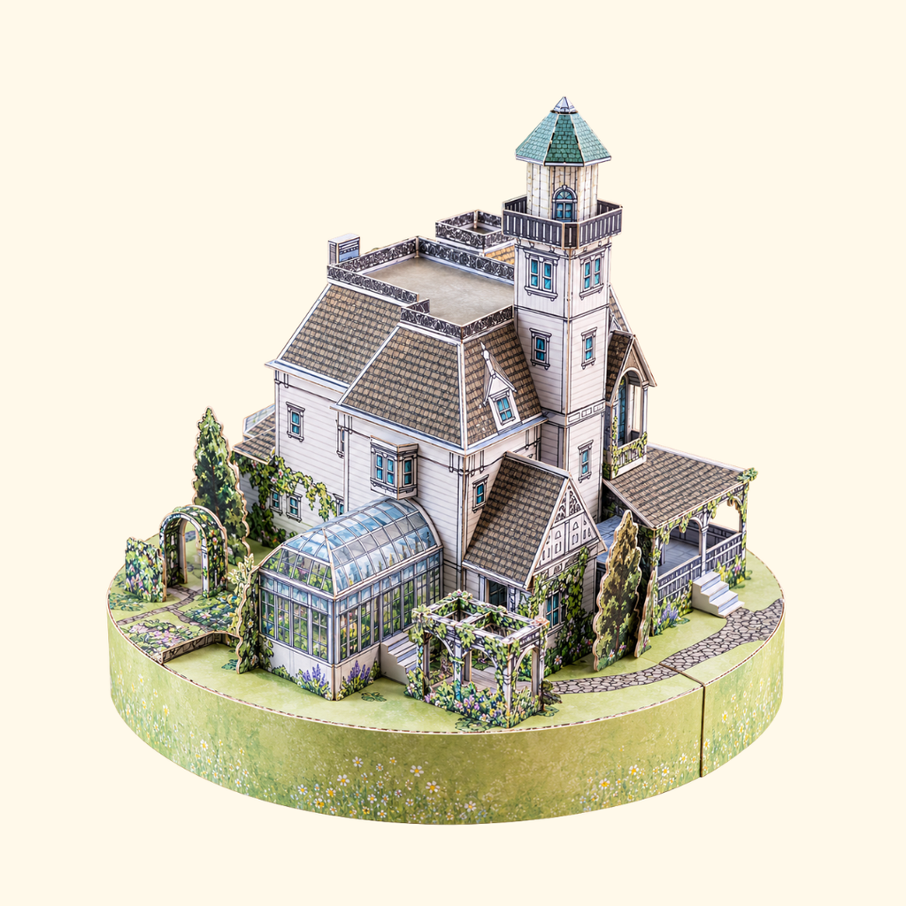Side view of the Owens House paper model from Practical Magic, showing the intricate Victorian architecture, grey timber exterior, pointed towers and landscaped garden.