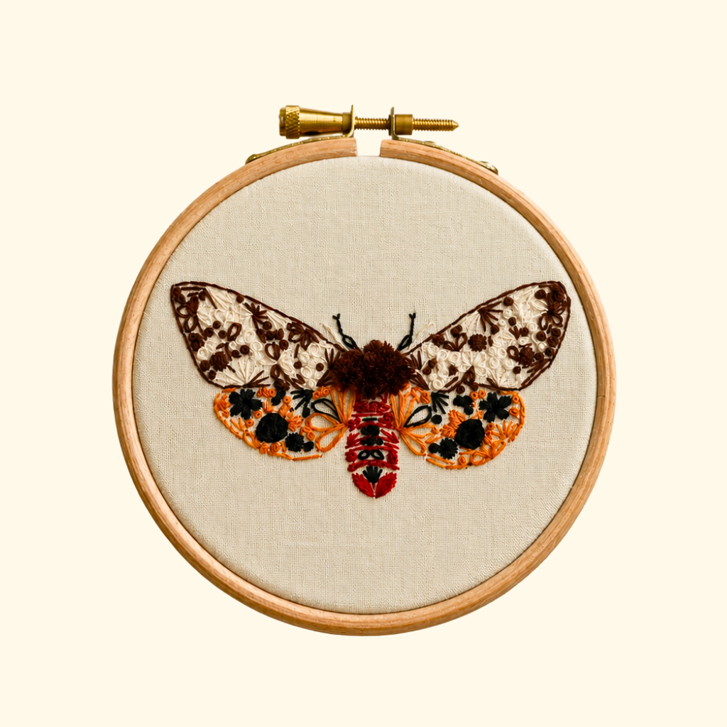 Completed Tiger Moth Mini Embroidery Kit by Nest Embirdery featuring a patterned moth stitched onto green fabric in a wooden hoop.