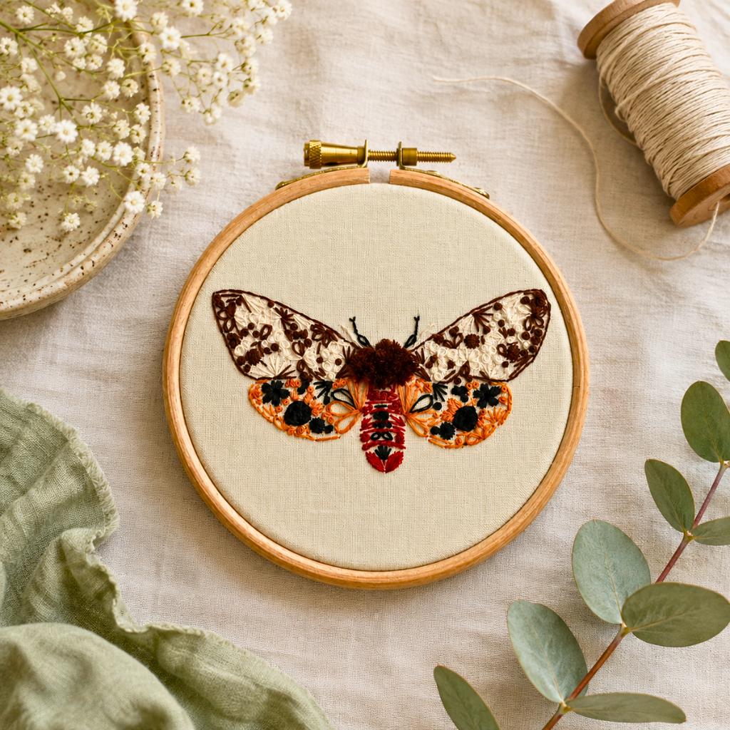 Completed Nest Embirdery Tiger Moth Mini Embroidery Kit styled with embroidery scissors and botanical details.