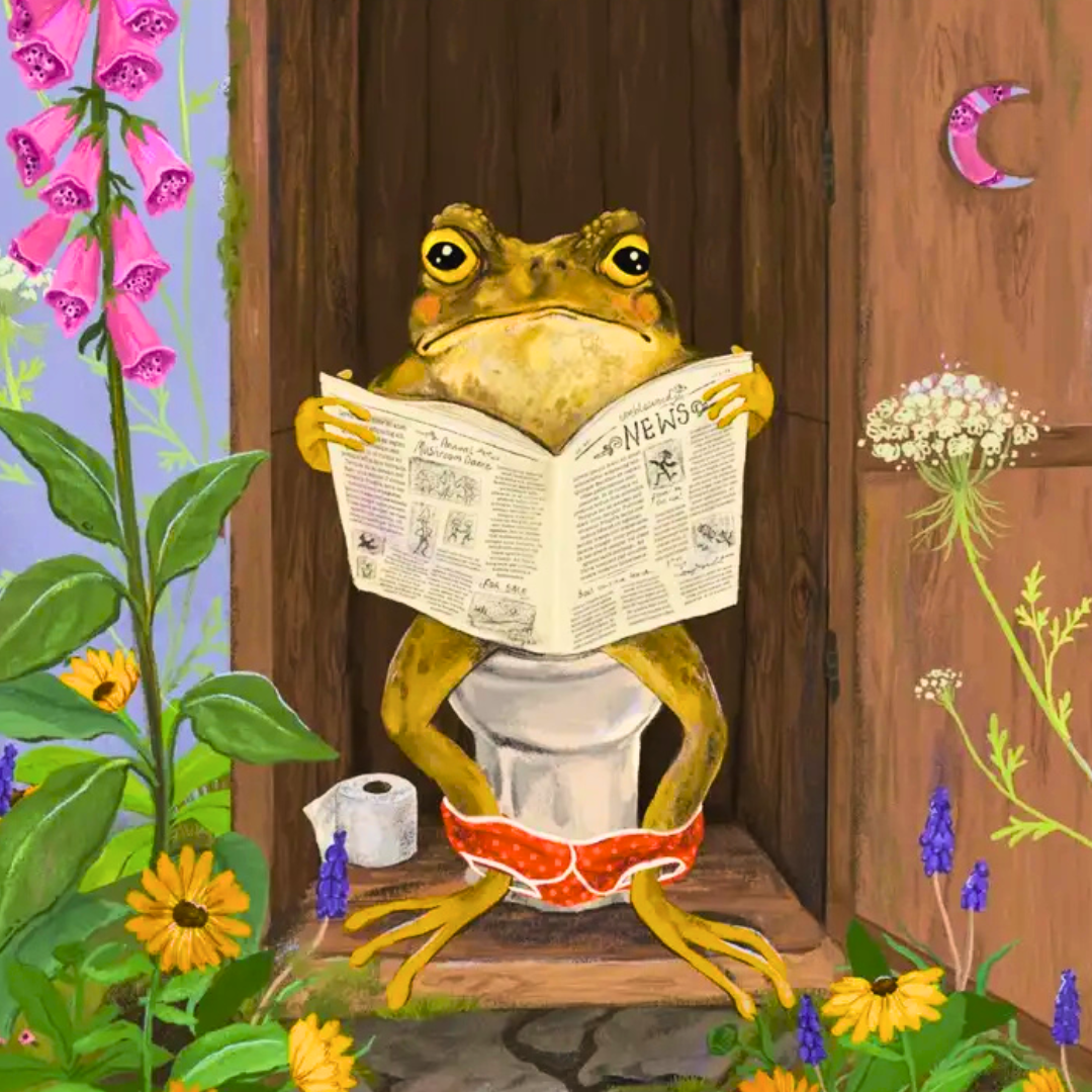 Close-up detail of the Toilet Toad A4 art print by Anna Seed Art showing a toad reading a newspaper on the toilet surrounded by pink foxgloves and woodland plants.