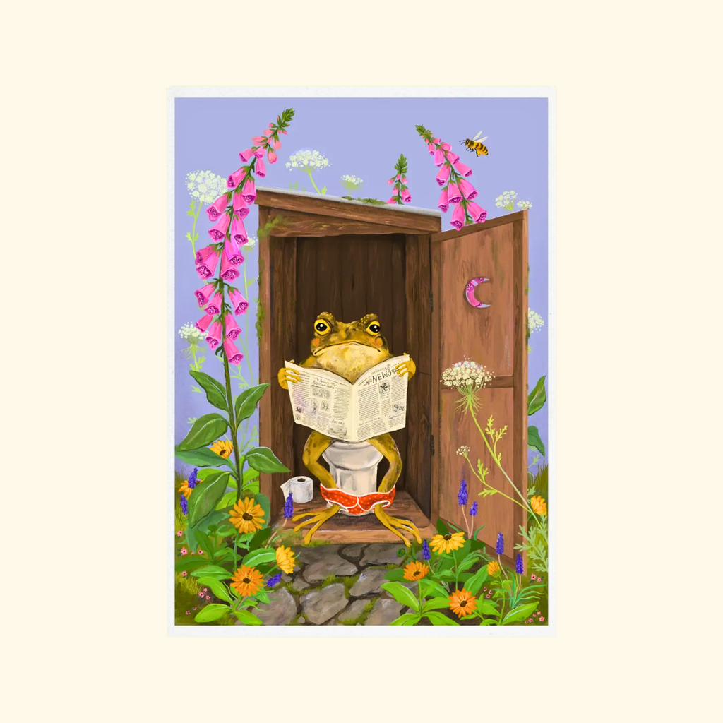 Toilet Toad A4 art print by Anna Seed Art featuring a whimsical toad reading a newspaper on an outdoor toilet surrounded by colourful flowers and garden details.