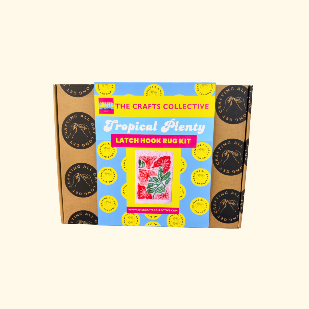 Rug hooking kit contents including pre-cut yarn, printed canvas, latch hook tool and instructions for beginners.
