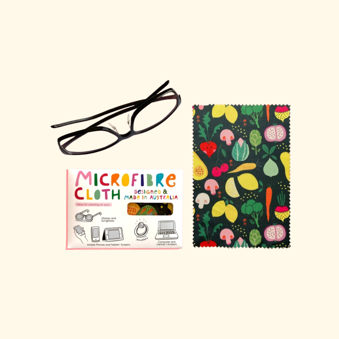 Missy Minzy Veggie Land microfibre cloth packaging with colourful product information and care details.
