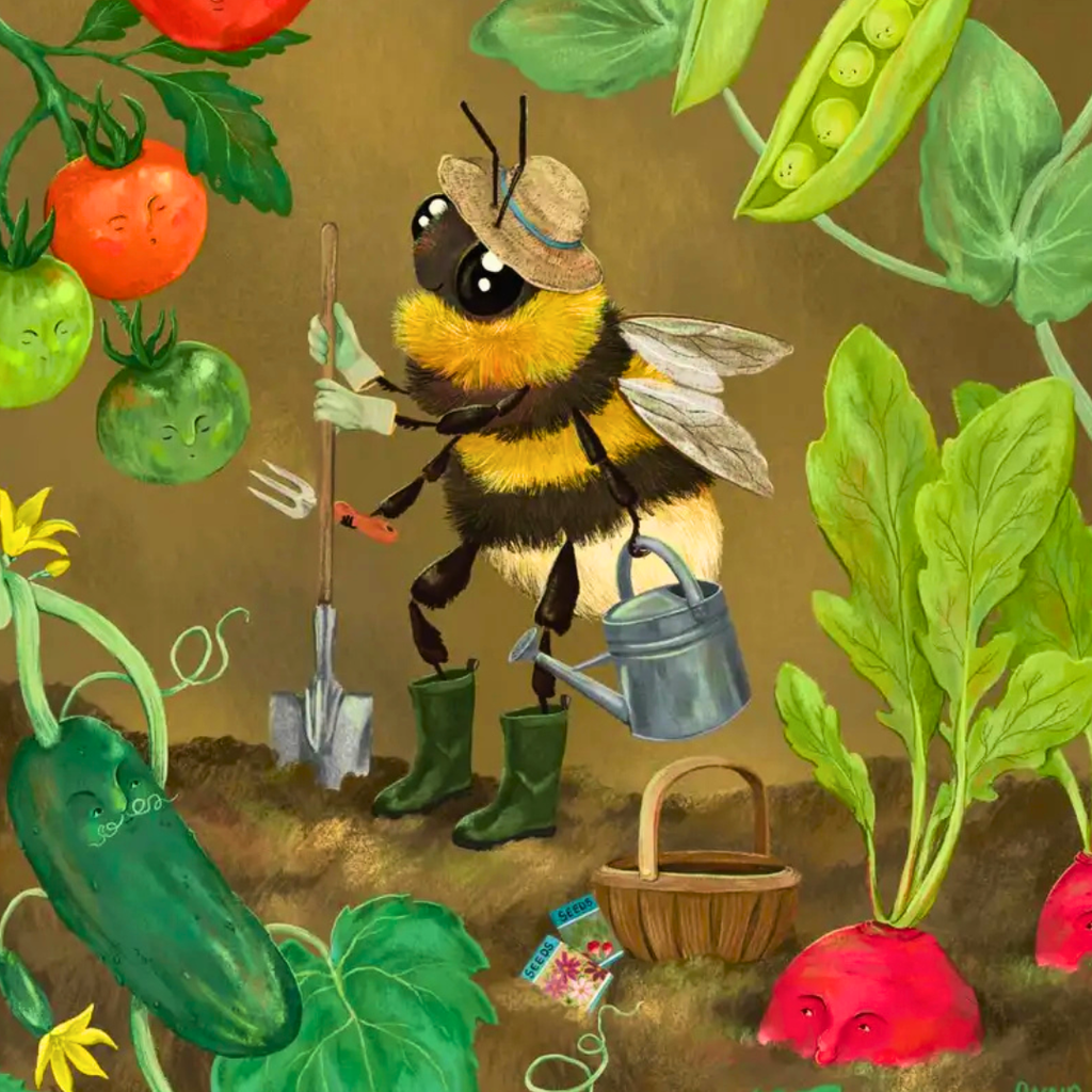 Close-up detail of the Veggie Patch A4 art print by Anna Seed Art showing a bumblebee tending the garden surrounded by tomatoes, radishes and leafy vegetables.
