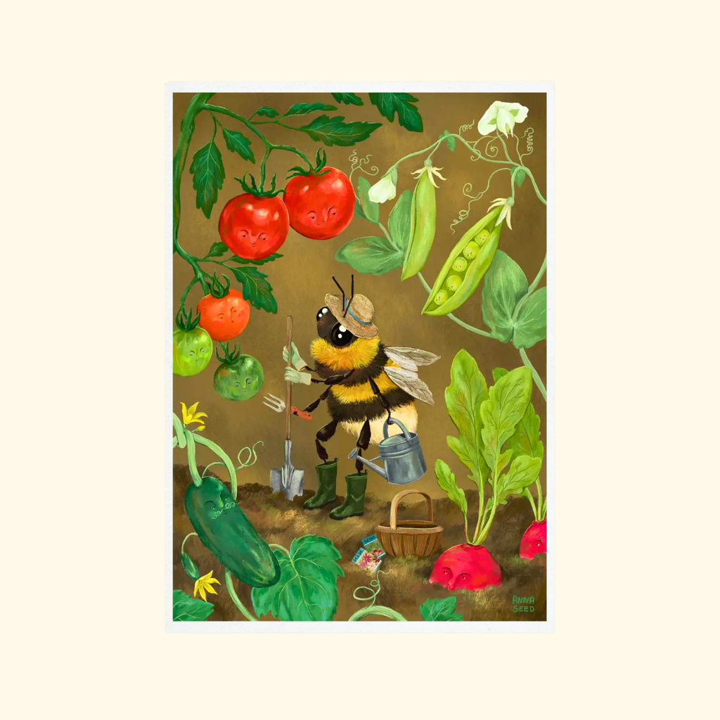 Veggie Patch A4 art print by Anna Seed Art featuring a busy bumblebee tending a colourful vegetable garden filled with tomatoes, radishes and leafy greens.