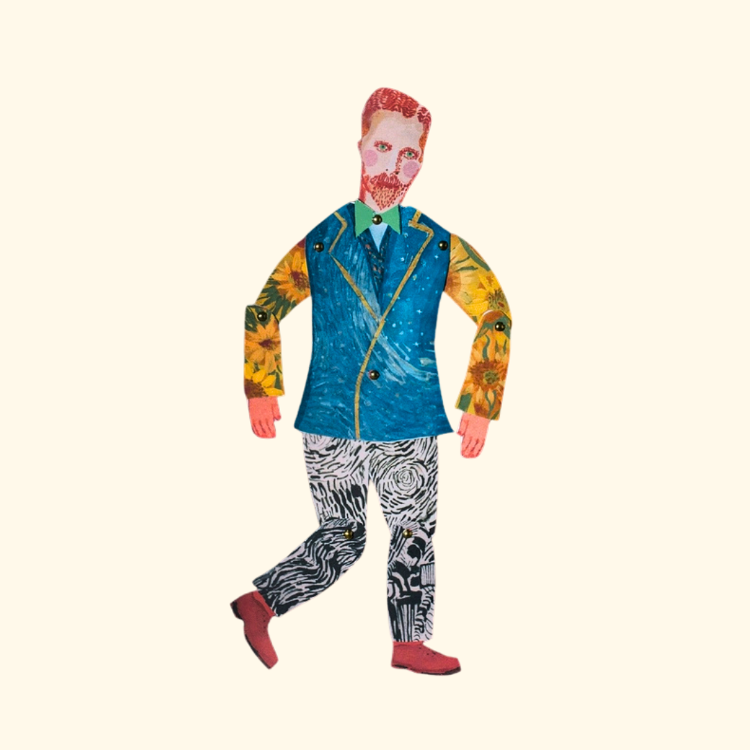 Finished Vincent Van Gogh articulated paper puppet from the Wini Tapp Cut & Make craft kit