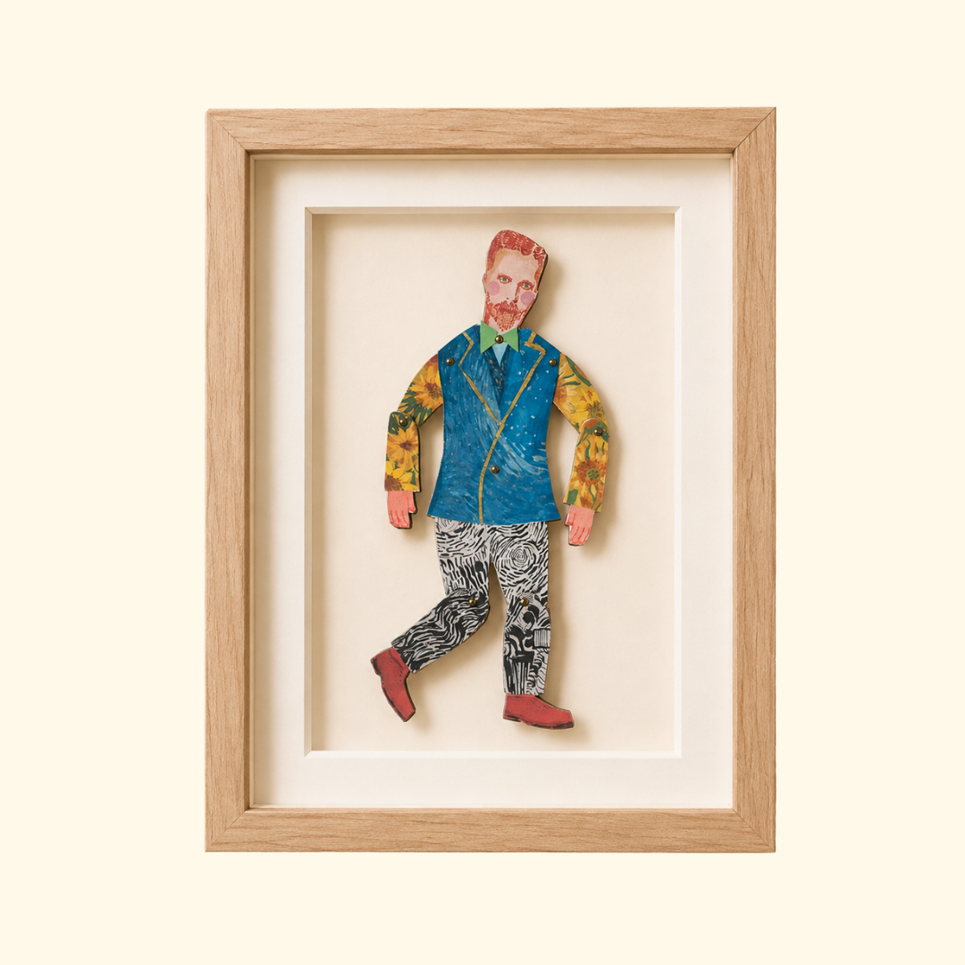 Vincent Van Gogh paper puppet by Wini Tapp displayed finished in a wooden frame