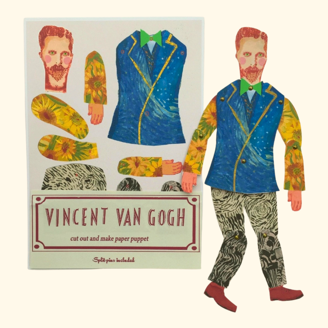 Vincent Van Gogh Cut & Make Paper Puppet Kit by Wini Tapp in illustrated packaging