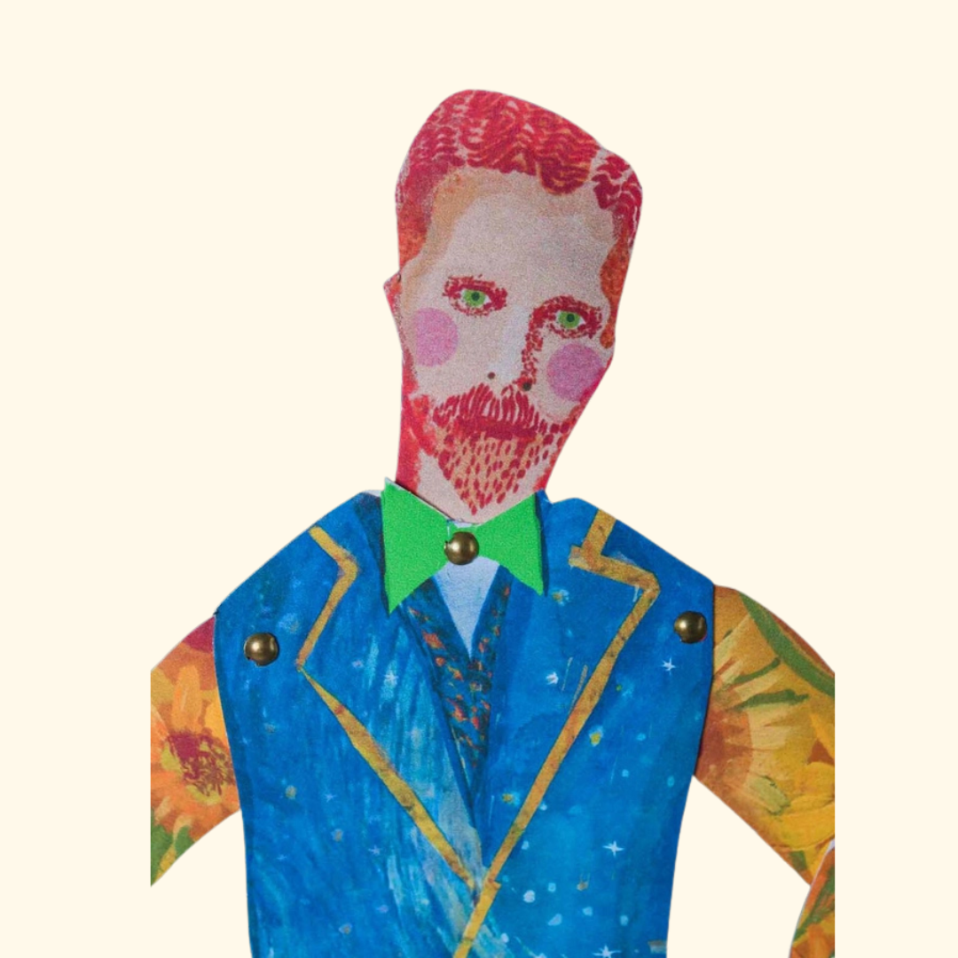 Vincent Van Gogh articulated paper puppet detail with red hair and colourful blue jacket