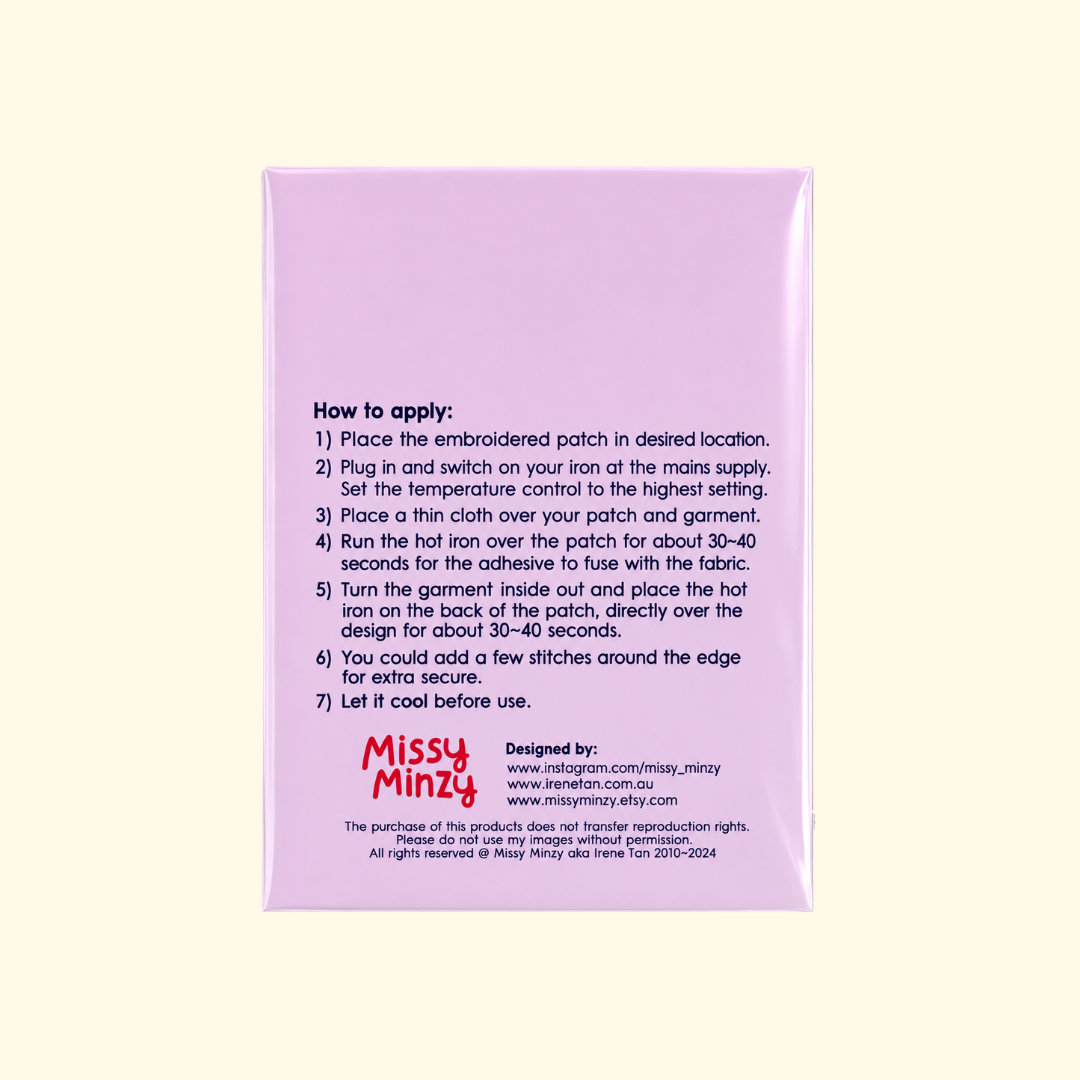 Back of Missy Minzy waratah embroidered iron on patch packaging with product information and application instructions.