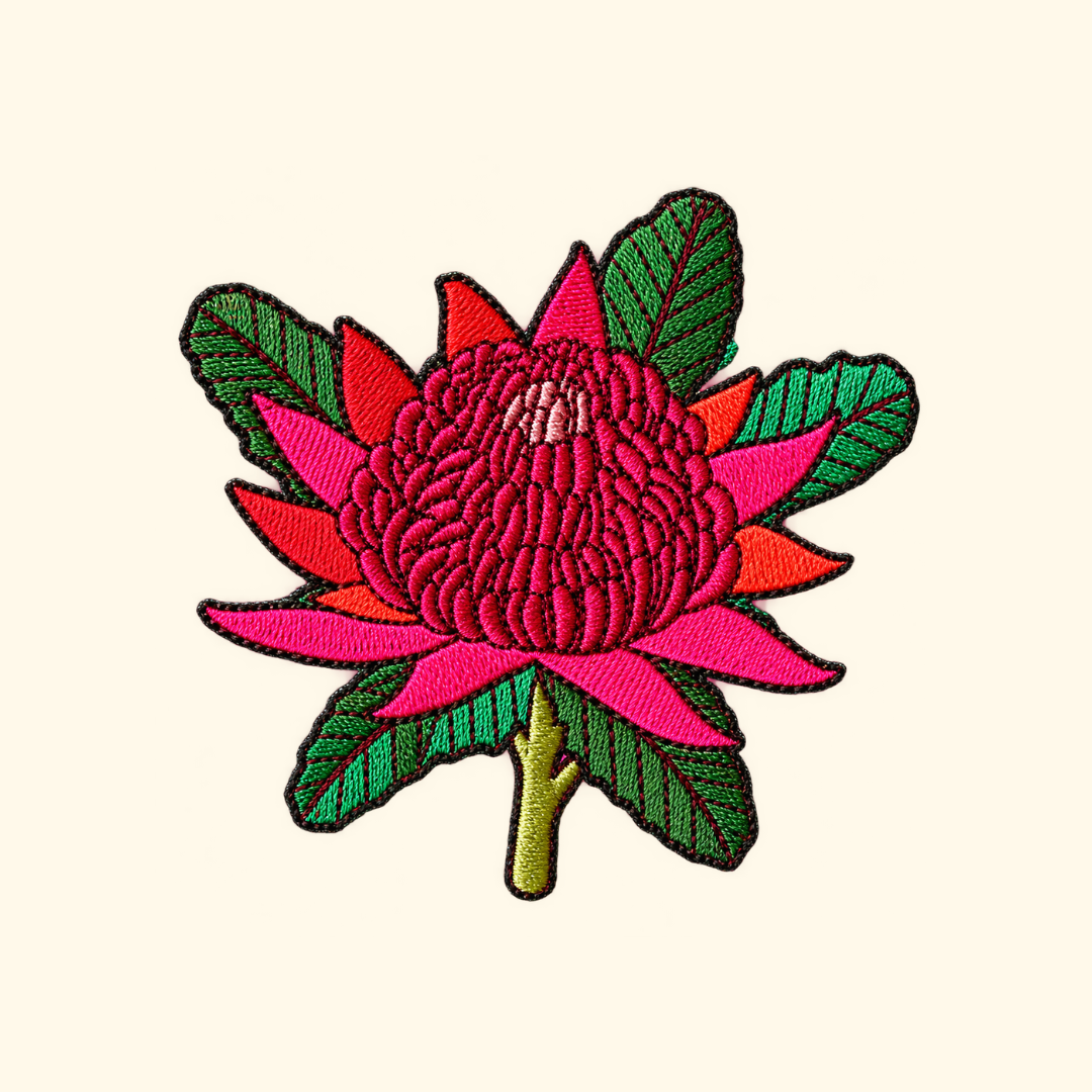 Red Australian waratah flower embroidered iron on patch designed by Melbourne artist Missy Minzy.