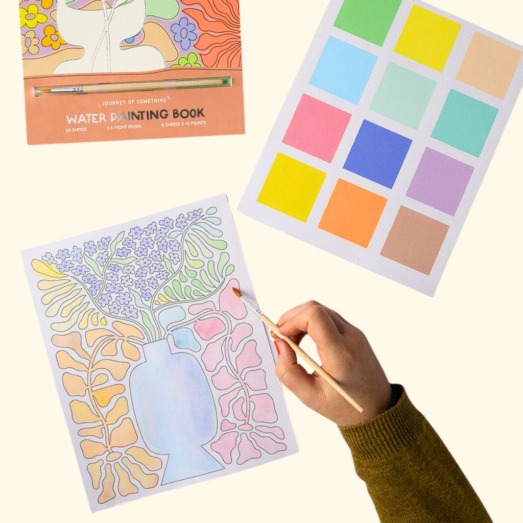 Painting a page from the Watercolour Painting Book using the included watercolour palette