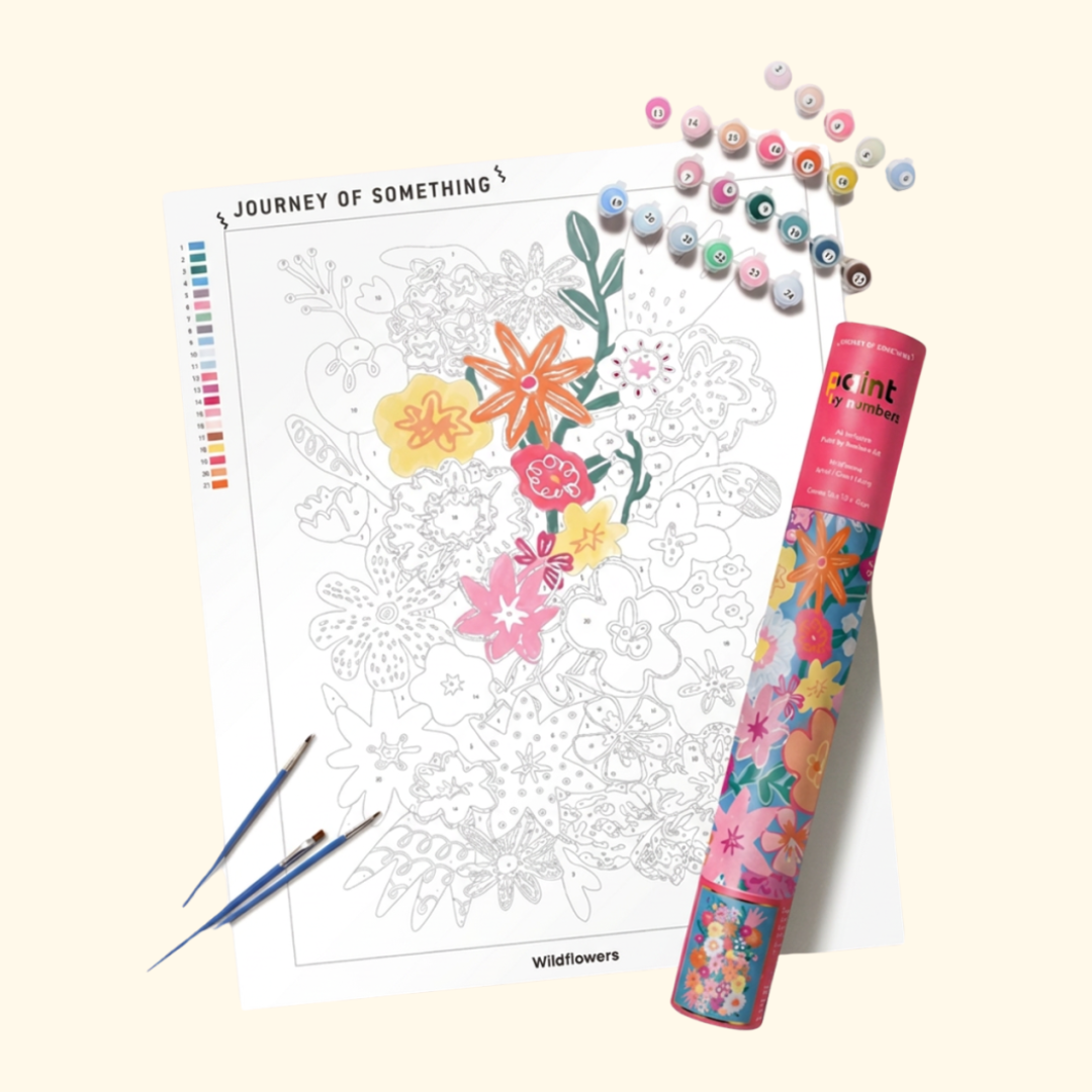 Wildflowers Paint By Numbers Kit contents including pre-numbered canvas, acrylic paints, paintbrush and storage tube.