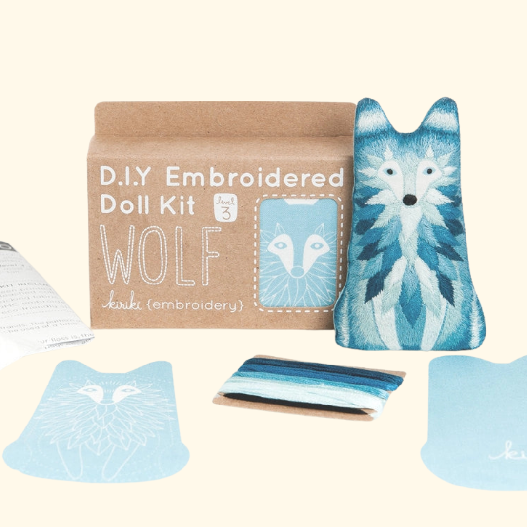 Wolf Embroidery Kit contents including printed fabric, embroidery floss, hoop and instructions.