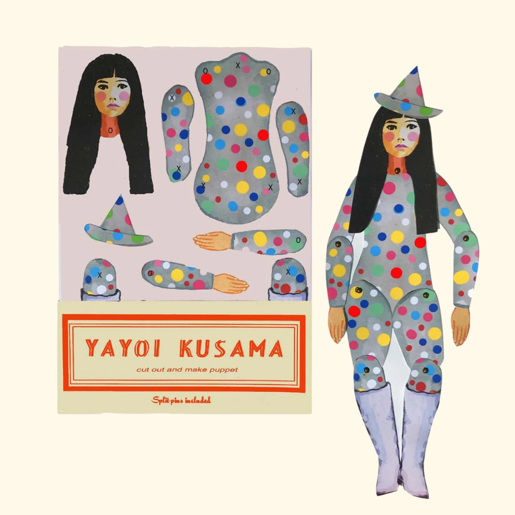 Yayoi Kusama Cut & Make Paper Puppet Kit by Wini Tapp in illustrated packaging
