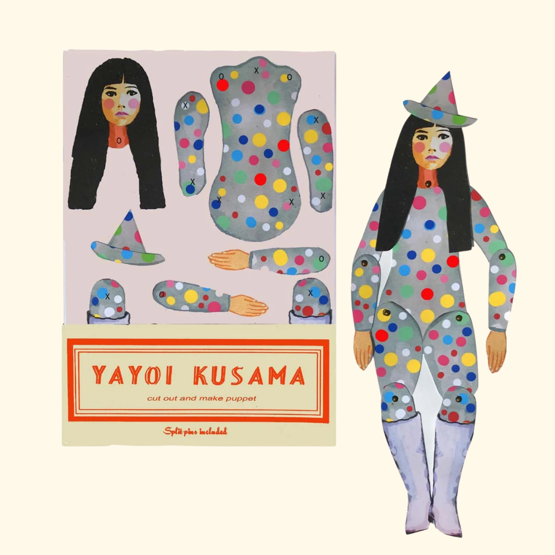 Yayoi Kusama Cut & Make Paper Puppet Kit by Wini Tapp in illustrated packaging